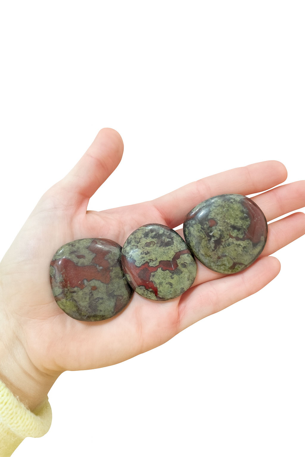 Mano con piedras de Jasper verde-rojo CANTO PLANO Jaspe Sangre de Dragón (Dragon Blood Jasper) - Imagen 1