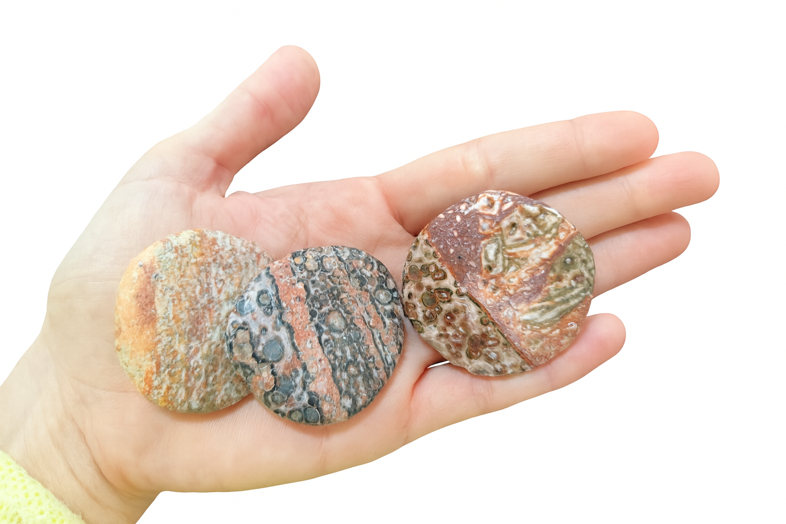 Mano sosteniendo piedras pulidas CANTO PLANO Jaspe Piel de Leopardo (Leopard Skin Jasper) - Imagen 1