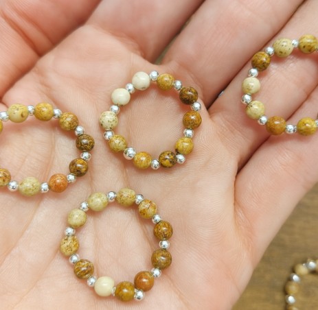 Anillo Elástico de Jaspe Paisaje con Abalorios en Baño de Plata