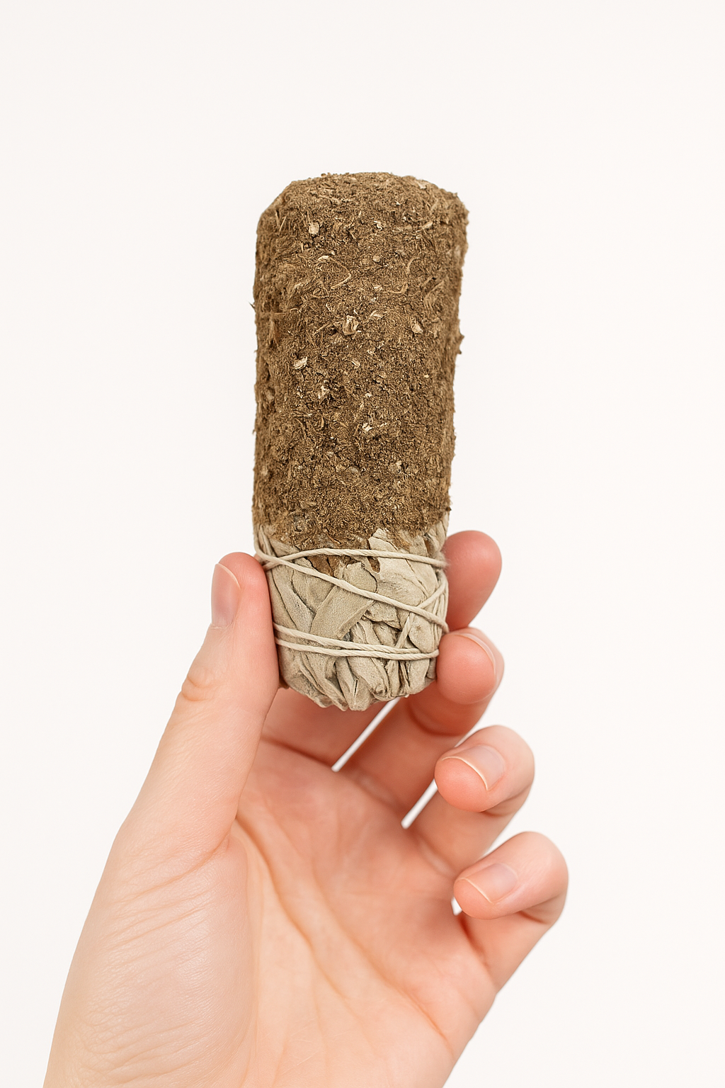 Mano sosteniendo un sahumerio de salvia Sahumerio de Pachuli y Salvia Blanca – Energía, Protección y Armonía - Imagen 1