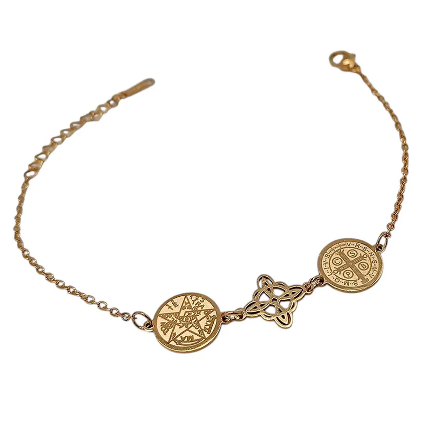PULSERATRIPLEOROA (1) ulsera Triple Protección – Nudo de Bruja, Tetragramatón y Medalla de San Benito (Acero Dorado) - Imagen 1
