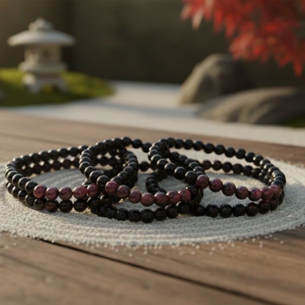 Pulsera Obsidiana Negra y Granate (6mm)Fuerza y protección