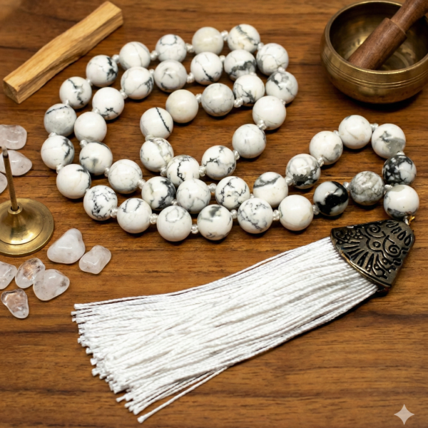 Japa Mala de Howlita: Especial para Códigos Sagrados (45 Cuentas)