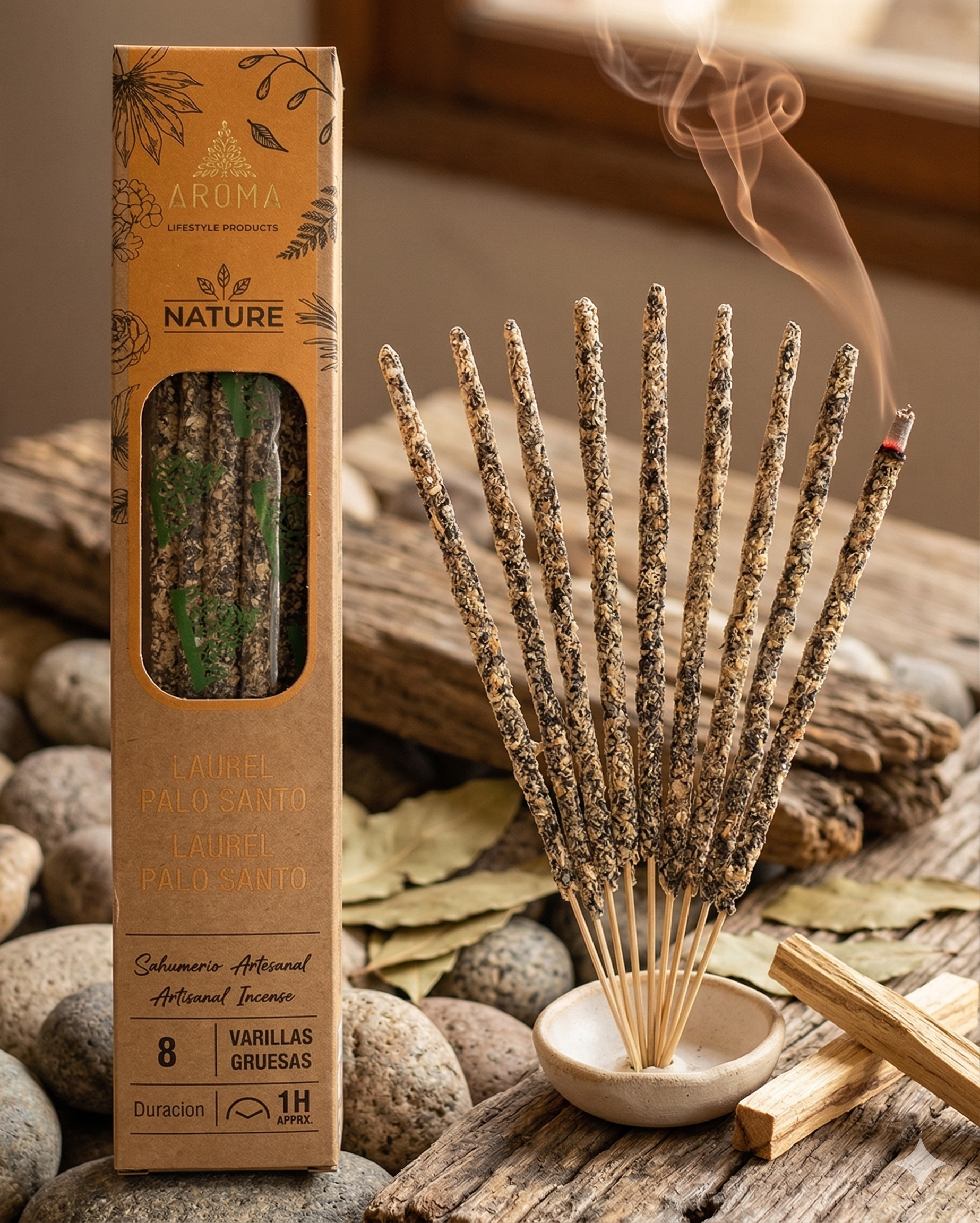 Gemini_Generated_Image_wji0fmwji0fmwji0 Sahumerio Artesanal Aroma Nature – Laurel y Palo Santo - Imagen 1